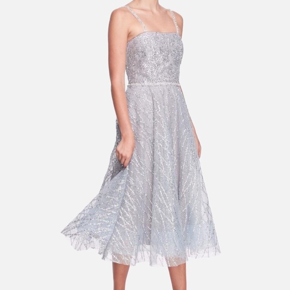 Marchesa Notte Silver Beaded Glitter Tulle Sparkling Tea Length Gown NWT - Picture 5 of 14